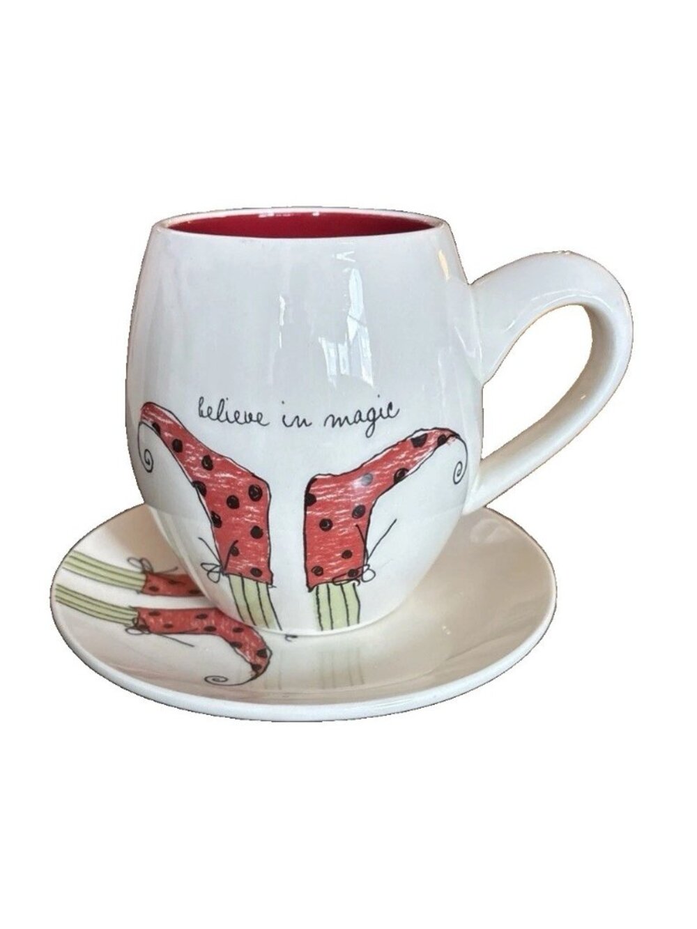 Rae Dunn Artisan Collection Magenta Believe in Magic Ceramic Mug & Oval Saucer